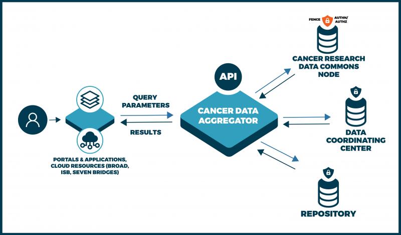The functionality of the cancer data aggregator can be described as this: a user is currently on a data portal or application (for example one of the NCI Cloud resources from the Broad Institute, ISB, or Seven Bridges Genomics). That application will connect to the Cancer Data Aggregator through an API that allows users to query parameters for data sets. The aggregator then queries across the Cancer Research Data Commons (which will be secured by Auth/AuthZ authentication), NCI Data Coordinating Centers, an