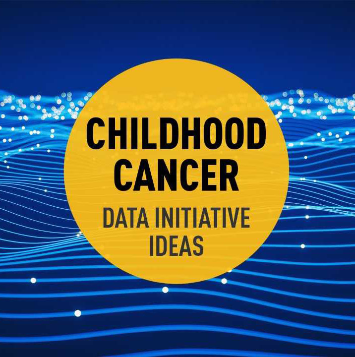 Text reads, "Childhood Cancer Data Initiative Ideas." Text is in a yellow circle against a blue string background.