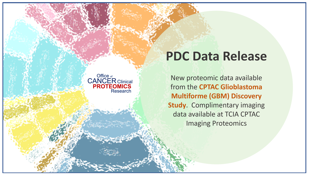 Coxcomb plot style graphic which has a blur applied to it.  A green circle overlaps the plot.  Text inside the green circle reads: PDC Data Release. New proteomic data available from the CPTAC Glioblastoma Multiforme (GBM) Discovery Study. Complimentary imaging data available at TCIA CPTAC Imaging Proteomics.