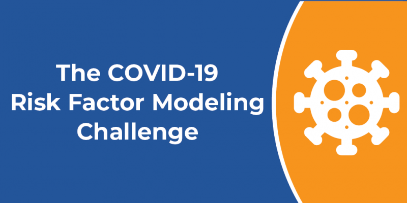 Illustration that depicts a COVID-19 virus cell on the right, and the challenge title "The COVID-19 Risk Factor Modeling Challenge" on the left.
