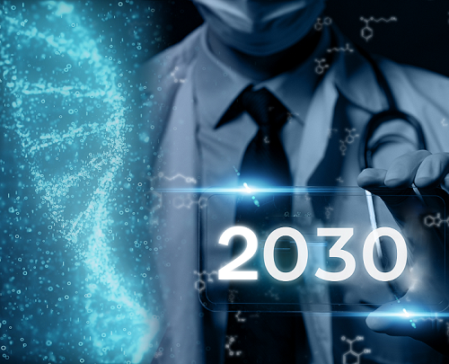 Abstract image of DNA strand off to the left with a doctor or scientist off to the right, wearing a face mask, tie, lab coat, stethoscope around the neck, and holding a placard reading 2030.
