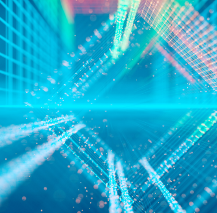 Light blue background with multiple lasers shooting from top of bottom with grid-like objects appearing from each side around.
