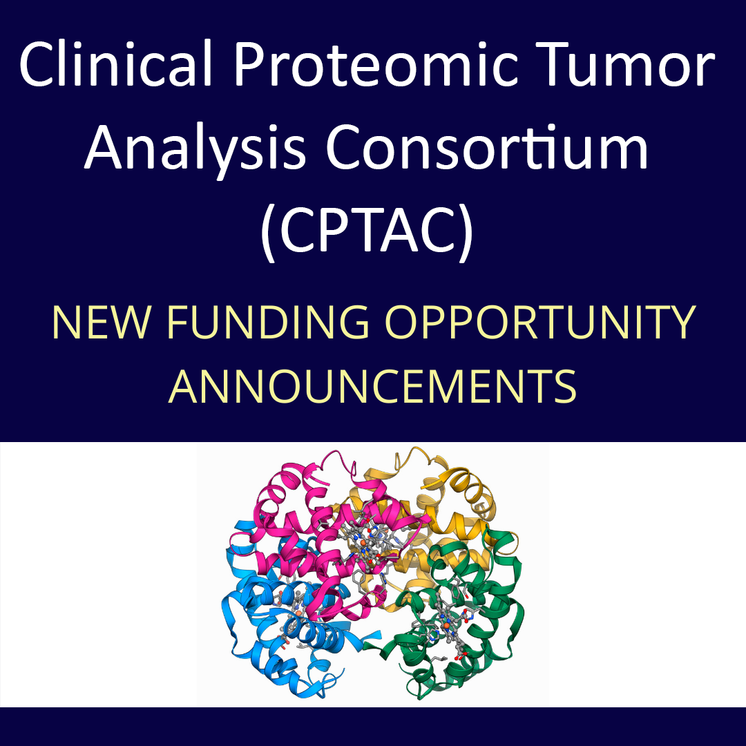 Text reads "Clinical Proteomic Tumor Analysis Consortium (CPTAC) New Funding Opportunity Announcements" and is bordered by a multicolored protein image.