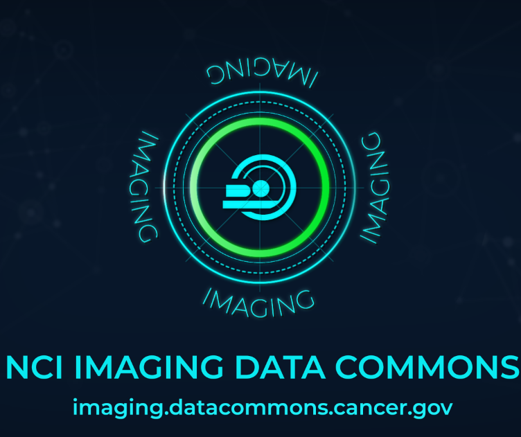 Blue background with text reading "NCI Imaging Data Commons - imaging.datacommons.cancer.gov" on the bottom. Top has a circle with the word "imaging" around it on all four sides.