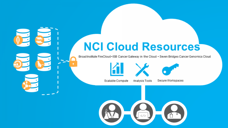 As illustrated in this graphic, the three NCI Cloud Resources provide researchers, clinicians, and data scientists access to the data within NCI's Cancer Research Data Commons and computational tools. Text reads "NCI Cloud Resource. Broad Institute FireCloud, ISB Center Gateway in the Cloud, Seven Bridges Cancer Genomics Cloud. Scalable Compute, Analysis Tools, Secure Workspaces. As illustrated in this graphic, the three NCI Cloud Resources provide researchers, clinicians, and data scientists access to the data within the NCI's Cancer Research Data Commons and computational tools."
