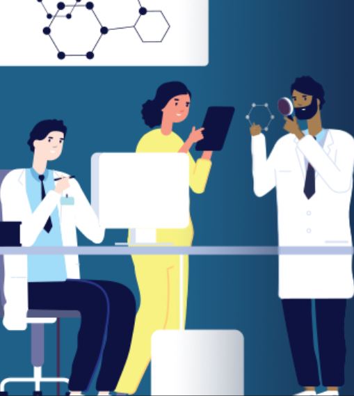 Cartoon-style people in a lab, one male sitting at desk looking at computer, one female standing up looking at a tablet, another male standing up looking through a magnifying glass at an atom. A chemical compound drawing is behind them on the wall.