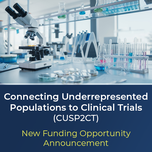 Text reads "Connecting Underrepresented Populations in Clinical Trials (CUSP2CT) New Funding Opportunity" and is bordered by an image showing a lab bench with petri dishes, flasks, test tubes, and a microscope.