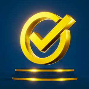 Blue background with gold checkmark inside a circle