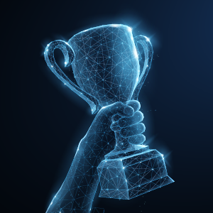 Stylized connectivity hand holding up chalice-style trophy