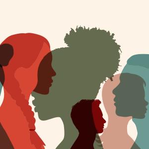 Silhouette image of of side portrait faces of five people that overlay each other. Three of the portriat faces are colored in light, medium and dark shades of red, one is in black and the last is shaded in torquise color.