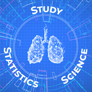 Icon of lungs encompassed by the words "Study, Statistics, Science" on a blue graphical background