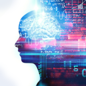 Going from left to right, white transitions to the silhouette of a man facing left with futuristic graphics in red and blue depicting brain activity, data, artificial intelligence.