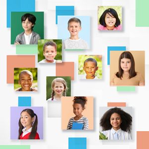 A collection of headshots of children of various ethnicities, with colorful decorative squares in the background.
