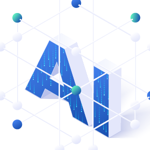 3-D lettering that says, "AI" with blue connecting points surrounding the letters.