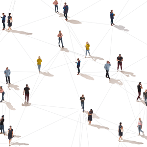 Aerial view of crowd people connected by lines, social media and communication concept. Top view of men and women isolated on white background with shadows.