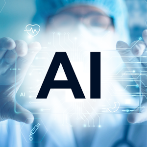 doctor wearing scrubs with word, "AI" in between their hands