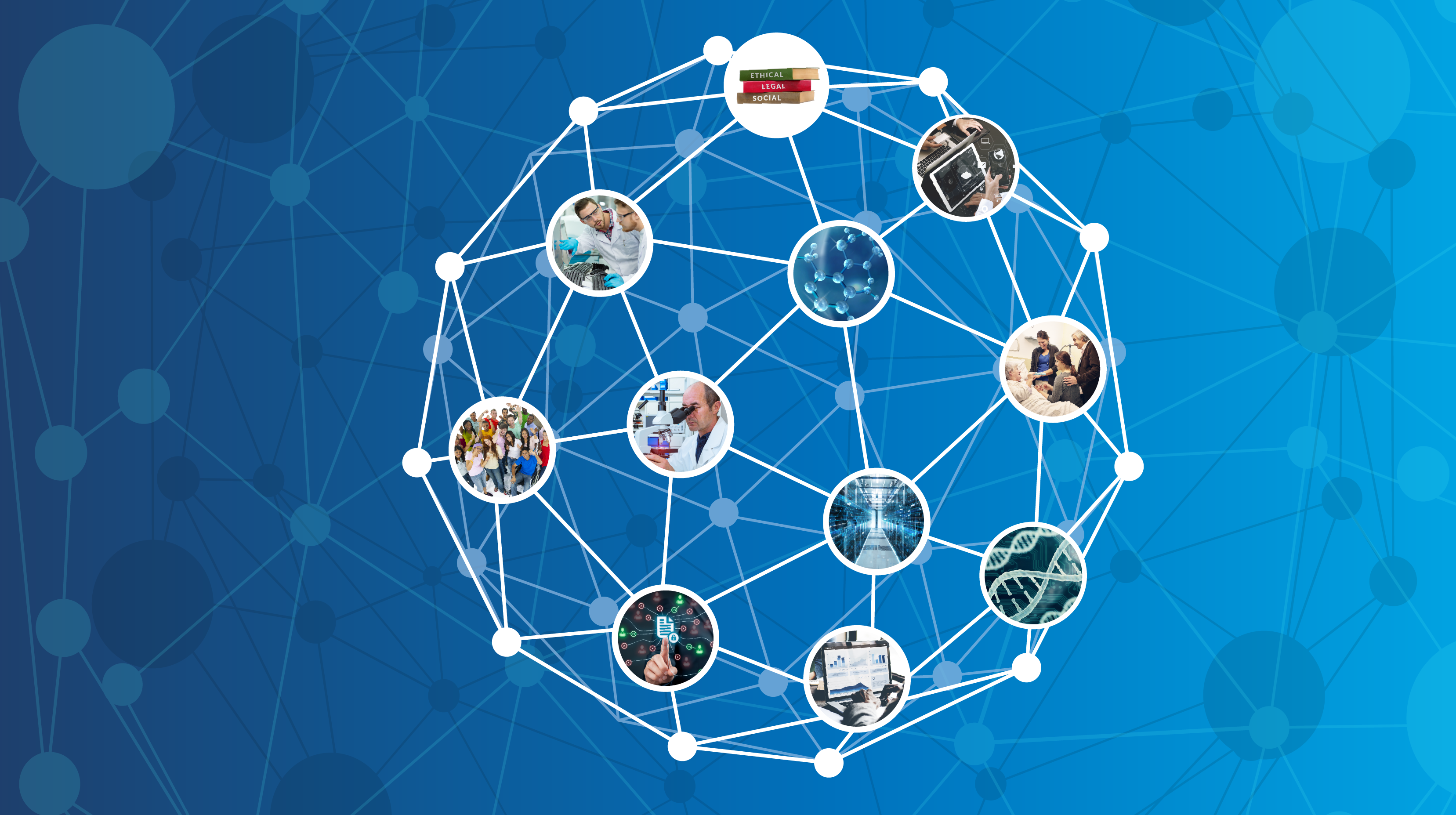 Blue background with white graphic in the middle, multiple circles connected by lines, each circle has a unique image in it which includes scientists and doctors at work, DNA strand, laptop, finger pointing in the air, group of young people smiling.