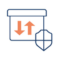 Icon shows a file, representing data. The file has two arrows, showing that data are moving toward and away from the file. A shield is shown next to the icon, indicating the data are protected. 