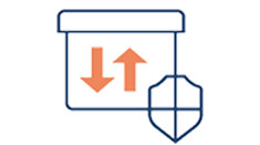 Icon shows a file, representing data. The file has two arrows, showing that data are moving toward and away from the file. A shield is shown next to the icon, indicating the data are protected.