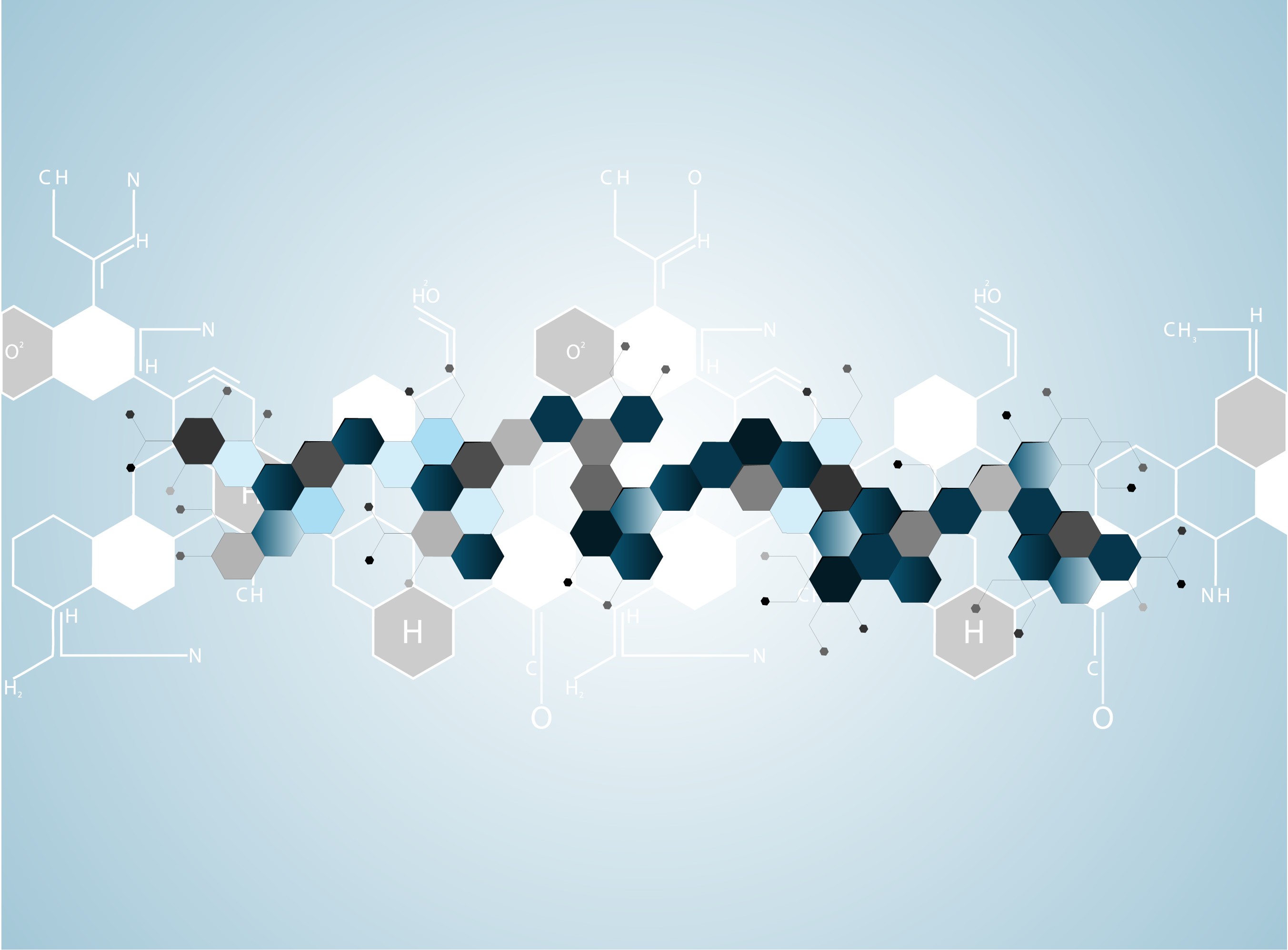 Horizontal line of interlocking hexagons in shades of blue and white and black, representing genomic data sharing.