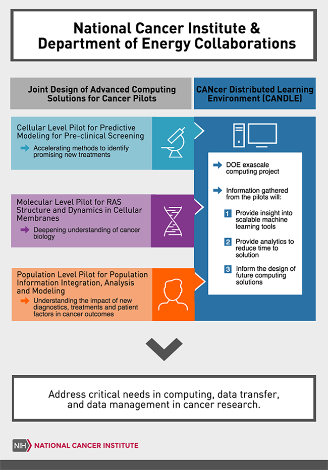 The Joint Design of Advanced Computing Solutions for Cancer (JDACS4C) program is a cross-agency collaboration between the National Cancer Institute and the Department of Energy. There are three research pilots: Molecular Level: Improving Outcomes for RAS-related Cancers, Cellular Level: Predictive Modeling for Pre-Clinical Screening, and Population Level: Population Information Integration, Analysis, and Modeling for Precision Surveillance. Together with the exascale CANcer Distributed Learning Environment 