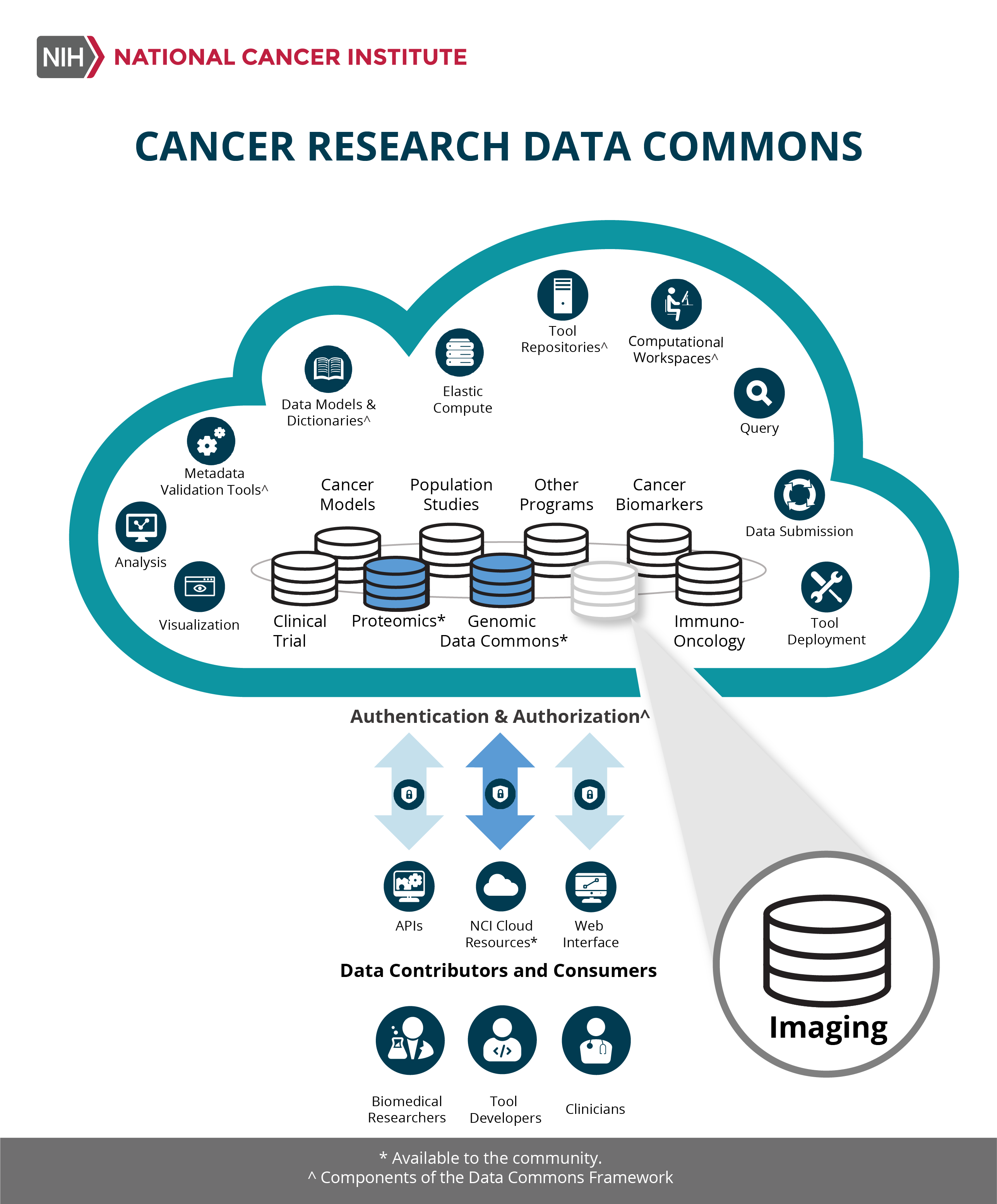 Illustrated Cancer Research Data Commons (CRDC). Along the inside lining of the cloud are icons that say “Visualization,” “Analysis,” Metadata Validation Tools,” Data Models & Dictionaries,” “Elastic Compute,” “Tool Repositories,” “Computational Workplaces,” “Query,” “Data Submission,” and Tool Development.” In the lower part of the cloud are small disks representing the different repositories housed within the CRDC. Active repositories (Genomics, Proteomics) are shown in a darker color. Other repositories (which are being planned or in development include “Clinical Trial,” “Immuno-oncology,” “Cancer Biomarkers,” “Population Studies,” “Cancer Models,” and “Other Programs”) are shown in white. One repository (Imaging) is shown as an inset. At the bottom of the cloud are three double-headed arrows pointing to/from icons that represent “APIs,” “NCI Cloud Resources,” and “Web Interface.” Beneath these icons are the words “Data Contributors and Consumers. They are represented by icons showing “Biomedical Researchers,” “Tool Developers,” and “Data Scientists.” 
