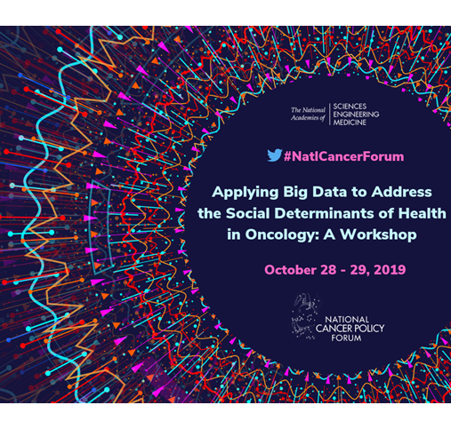 Background with multi-colored lines and triangles interlaced in a circle. Text reads, "The National Academy of Sciences, Engineering, Medicine. #NatlCancerForum. Applying Big Data to Address the Social Determinants of Health in Oncology: A Workshop. October 28-28, 2019. National Cancer Policy Forum." 