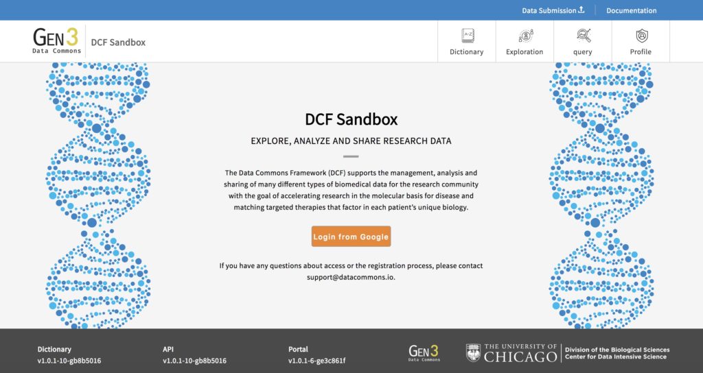 Gen3 Data Commons DCF Sandbox. Strands of blue DNA border on the left the right side of the image with text that reads: DCF Sandbox Explore, Analyze and Share Research Data. The Data Commons Framework (DCF) supports the management, analysis and sharing of many different types of biomedical data for the research community with the goal of accelerating research in the molecular basis for disease and matching targeted therapies that factor in each patient's unique biology. Prompt display to Login from Google. If you have questions about access or the registration process, please contact support@datacommons.io. Footer text reads: Dictionary v1.0.1-10-gb8b5016, API v1.0.1-10-gb8b5016, Portal v1.0.1-6-ge3c861f, Gen3 Data Commons, The University of Chicago Division of Biological Sciences Center for Data Intensive Science
