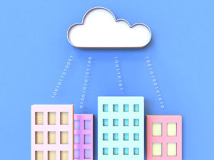 Decorative image of cartoon-style drawings of buildings with a cloud above them, rays of light coming from the cloud towards the buildings.