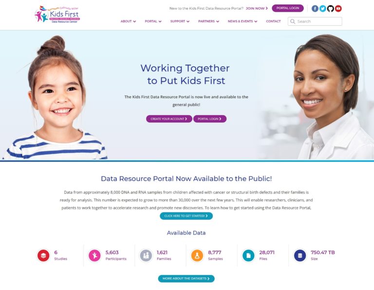 Screenshot of the Gabriella Miller Kids First Pediatric Research Program Data Resource Center login screen. [Left] A young female child smiling, [Center] icons with the options to "Create Your Account" or "Portal Login" [Right] A female doctor smiling. 