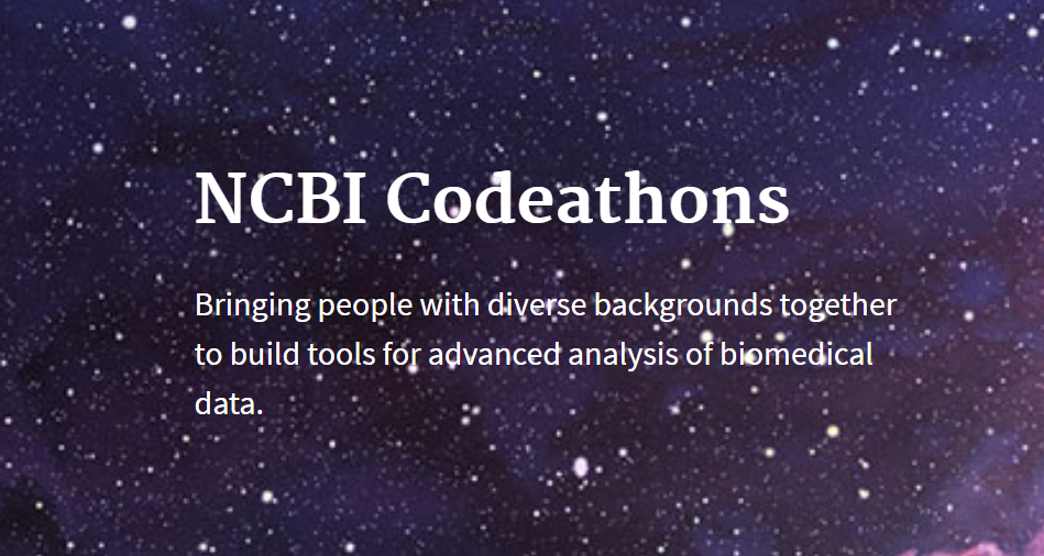NCBI Codeathons: Bringing people with diverse backgrounds together to build tools for advanced analysis of biomedical data. White text with purple background and white dots in background.