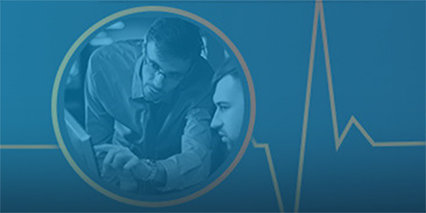 Banner background showing EKG rhythm. In the foreground is a circular image featuring two scientists looking at a computer screen.