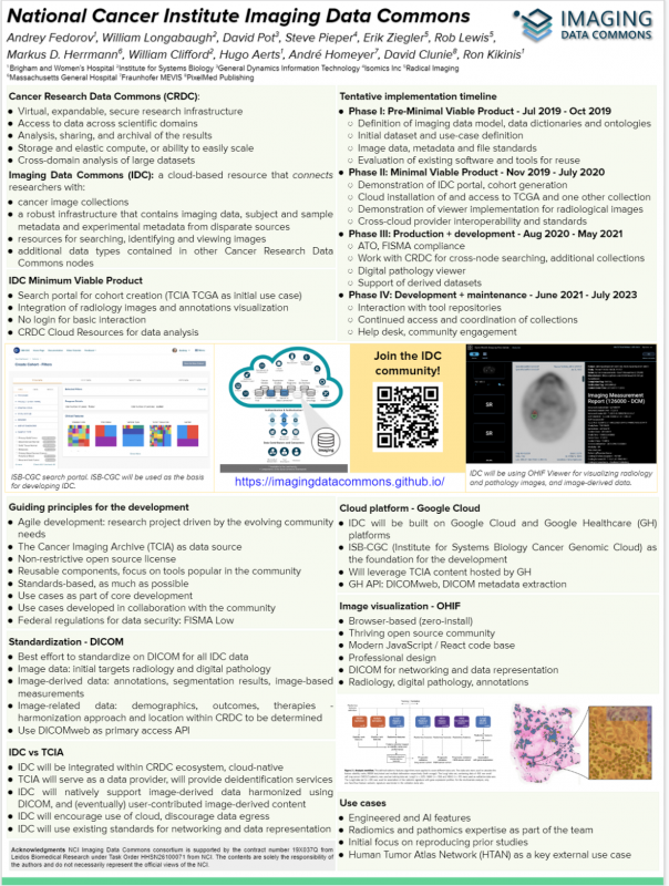 National Cancer Institute Imaging Data Commons Poster won a Certificate of Merit at RSNA19. This poster outlines the components and details of the Imaging Data Commons: it's place within the Cancer Research Data Commons (CRDC), the IDC, IDC Minimum Value Product, Guiding Principles for the Development, Standardization (DICOM), IDC vs. The Cancer Imaging Archive (TCIA), the tentative implementation timeline, the Cloud Platform (Google Cloud), Image Visualization (OHIF), and Use Cases. Text reads "National Cancer Institute Imaging Data Commons. Imaging Data Commons. Andrey Fedorov, William Longabaugh, David Pot, Steve Pieper, Erik Ziegler, Rob Lewis, Markus D. Herrmann, William Clifford, Hugo Aerts, Andre Homeyer, David Clunie, Ron Kikinis. Brigham and Women's Hospital, Institute for Systems Biology, General Dynamics Information Technology Isomics Inc. Radical Imaging Massachusetts General Hospital Fraunhofer MEVIS PixelMed Publishing. Cancer Research Data Commons (CRDC): Virtual, expendable, secure research infrastructure, Access to data across scientific domains, Analysis, sharing, and archival of the results, Storage and elastic compute, or abiligy to easily scale, cross-domain analysis of large datasets. Tentative Implemental Timeline. Phase 1 - 
