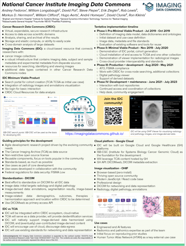 National Cancer Institute Imaging Data Commons Poster won a Certificate of Merit at RSNA19. This poster outlines the components and details of the Imaging Data Commons: it's place within the Cancer Research Data Commons (CRDC), the IDC, IDC Minimum Value Product, Guiding Principles for the Development, Standardization (DICOM), IDC vs. The Cancer Imaging Archive (TCIA), the tentative implementation timeline, the Cloud Platform (Google Cloud), Image Visualization (OHIF), and Use Cases. Text reads "National Cancer Institute Imaging Data Commons. Imaging Data Commons. Andrey Fedorov, William Longabaugh, David Pot, Steve Pieper, Erik Ziegler, Rob Lewis, Markus D. Herrmann, William Clifford, Hugo Aerts, Andre Homeyer, David Clunie, Ron Kikinis. Brigham and Women's Hospital, Institute for Systems Biology, General Dynamics Information Technology Isomics Inc. Radical Imaging Massachusetts General Hospital Fraunhofer MEVIS PixelMed Publishing. Cancer Research Data Commons (CRDC): Virtual, expendable, secure research infrastructure, Access to data across scientific domains, Analysis, sharing, and archival of the results, Storage and elastic compute, or abiligy to easily scale, cross-domain analysis of large datasets. Tentative Implemental Timeline. Phase 1 - 
