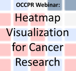 Foreground text reads, "OCCPR Webinar: Heatmap Visualization for Cancer Research." The background consists of multi-colored squares in a grid format. 