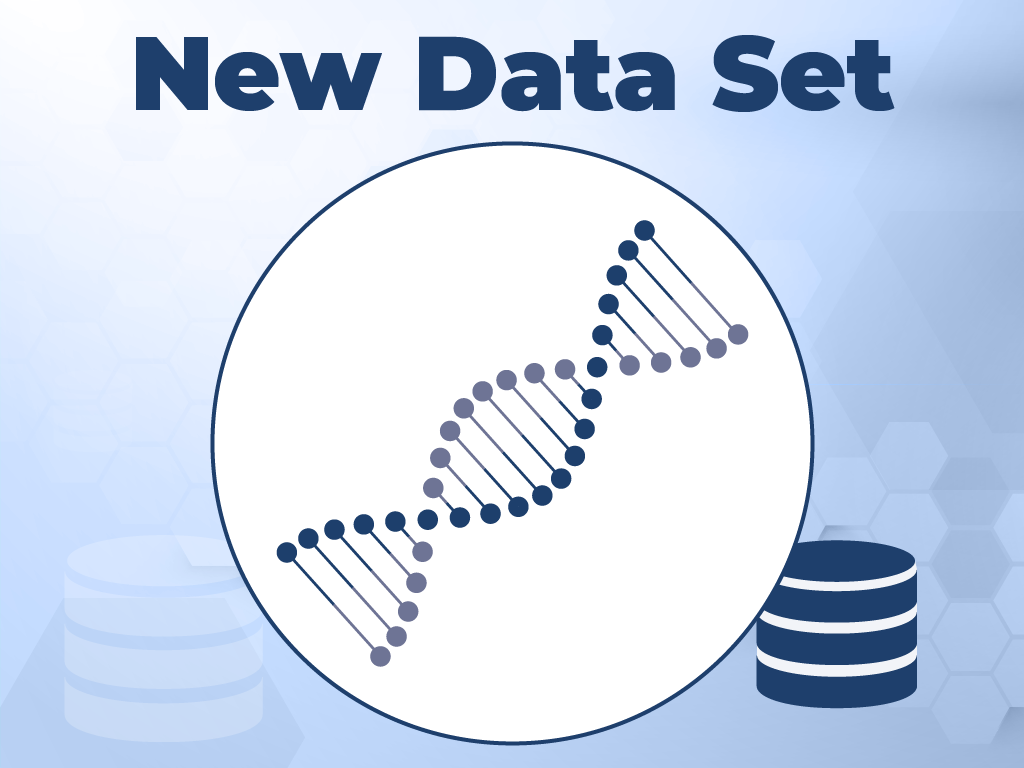 Illustration of DNA strand coupled with server stack icon. Title of the illustration reads "New Data Set." 