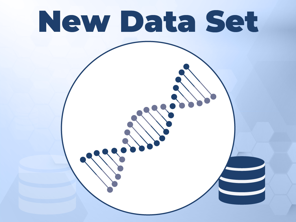 Illustration of DNA strand coupled with server stack icon. Title of the illustration reads "New Data Set."