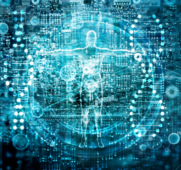 Graphical image depicting a Vitruvian man-like central figure with arms and legs outstretched, surrounded by scientific elements such as DNA strands, cells, atoms, etc.