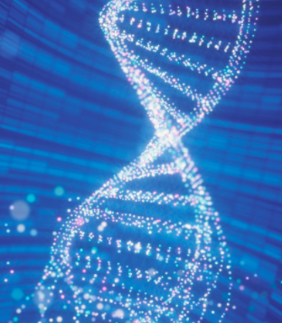 Computer-generated image of digitized DNA strand dissolving within a blue tile-covered space