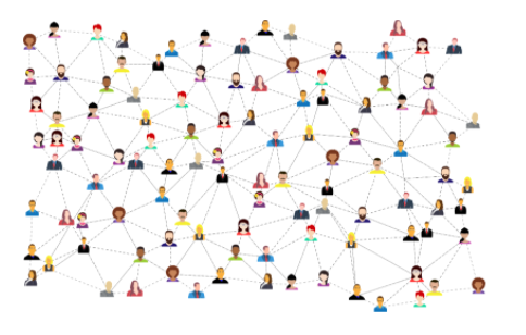 Cartoon-style illustration of a large diverse group of people connected by dotted lines.