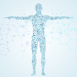 Illustration of a human standing with outstretched arms. Inside the body, a random assortment of colored dots representing cells - referring to the metabolome of a biological system.