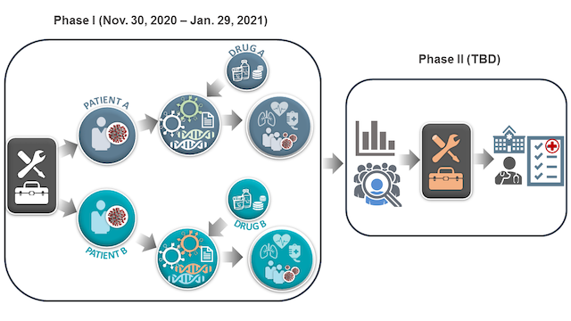 Depiction of the two-phase approach for conducting the COVID-19 Precision Immunology App-a-thon. Phase 1 willl take place from November 30, 2020 - January 29, 2021. Phase 2 timeframe is to be announced.