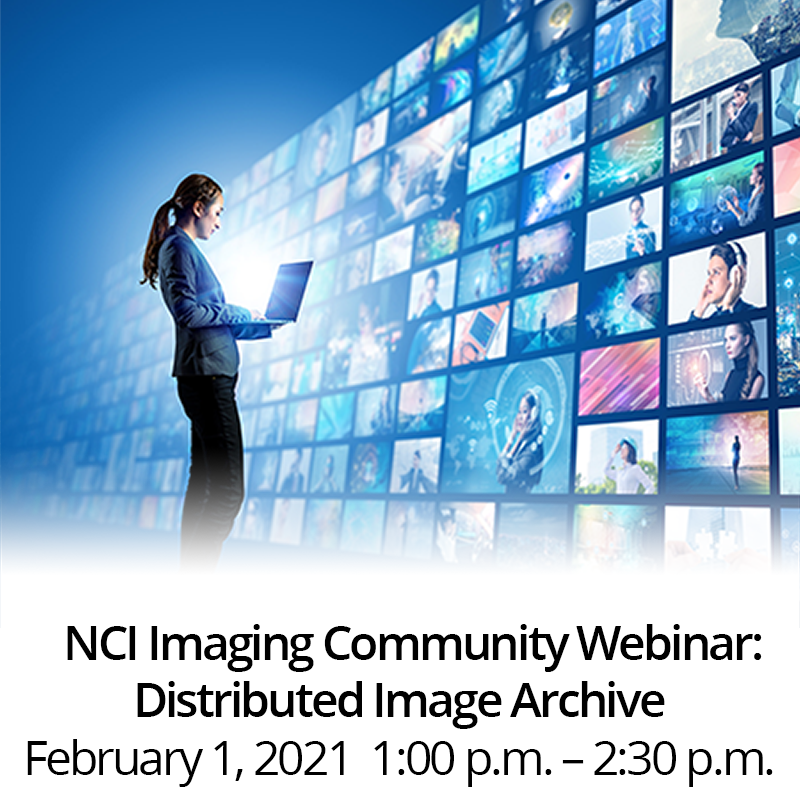 NCI Imaging Community Webinar: Distributed Image Archive. February 1, 2021, 1:00 p.m. - 2:00 p.m. Picture of a woman looking at a gallery of images. 