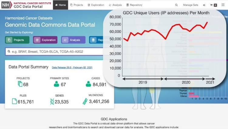 Screenshot of the GDC Data Portal. Top left has the NIH National Cancer INstitute GDC Data Portal logo. Along the top bar are "Home," "Projects," Exploration," "Analysis," Repository," "Search," "Manage Sets," a shopping cart icon. The center of the graphic says, "Harmonized Cancer Datasets. Genomic Data Commons Data Portal. Get started by exploring: "Projects," "Exploration," "Analysis," Repositories." Below that is a search bar. Below that is a box, within which it says, "Data Portal Summary. Data Release 28.0 - February 02, 2021. Projects 68. Primary Sites 67. Cases 84,591. Files 615, 761. Genes 23,535. Mutations 3,461, 256." A line graph of the right displays GDC Unique Users (IP addresses) Per Month showing a red line increasing over the course of 2019 to 2021 from just over 50,000 to approximately 75,000. In the background are barely visible images of two people and additional graphs. Along the bottom it says "GDC Applications. The GDC Data Portal is a robust data-driven platform that allows cancer researchers and bioinformaticians to search and download cancer data for analysis. The GDC applications include:" and then it cuts off.
