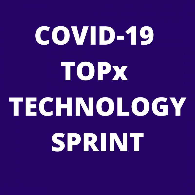 Purple background with foreground text reading "COVID-19 TOPx Technology Sprint."