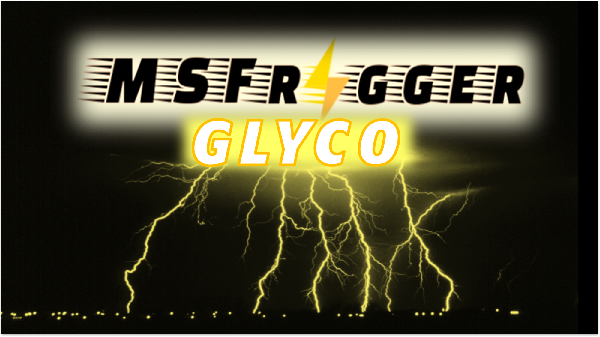 Depiction of lightning bolts showering down upon an illuminated city. The bolts issue from a large "cloud" that reads "MSFragger Glyco."