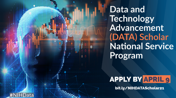 Illustration of digitized human face with depictions of scatter plots running horizontal through the image. Text reads, "Data and Technology Advancement (DATA) Scholar National Service Program. Apply by April 9."