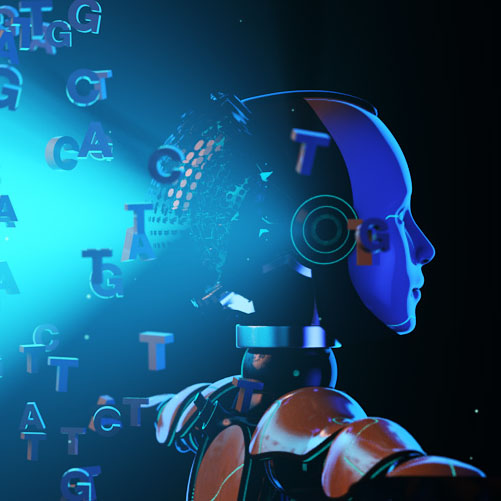 Depiction of robotic humanoid emitting a blue light projection and DNA-affiliated letters from the back of its cranium.