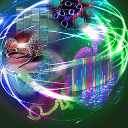 A collage of visual representations depicting cancer biology, translational, and clinical studies. All visuals are encompassed and connected by light projections.