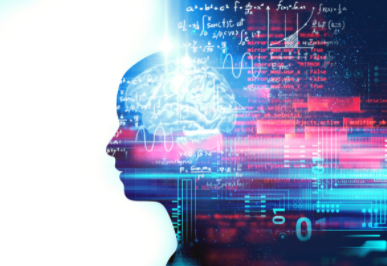 Going from left to right, white transitions to the silhouette of a man facing left with futuristic graphics in red and blue depicting brain activity, data, artificial intelligence.